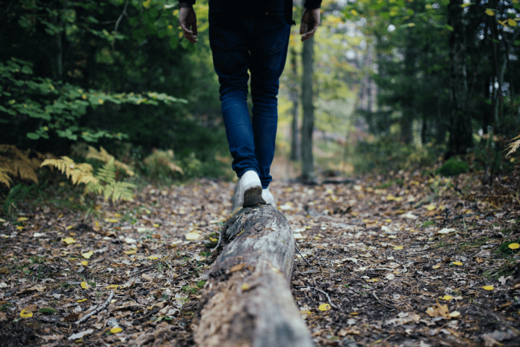 a photo of a hiker balancing on a narrow log