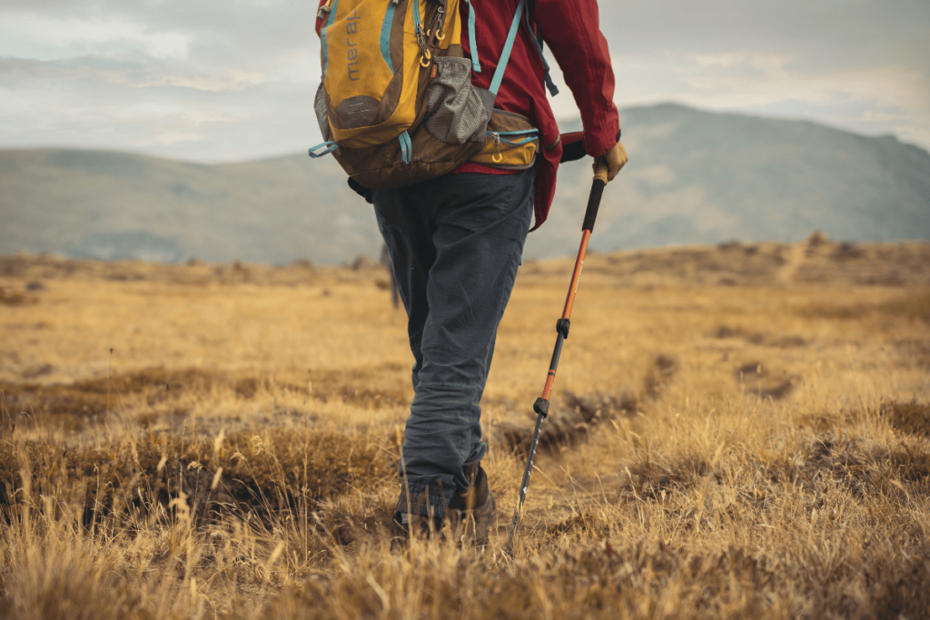 a hiker using hiking poles on a trail in a mountain clearing
