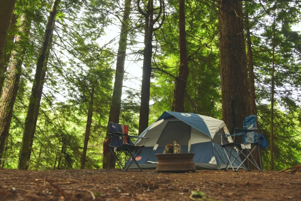 a tent with chairs and a fire pit, representing find discounted camping gear.
